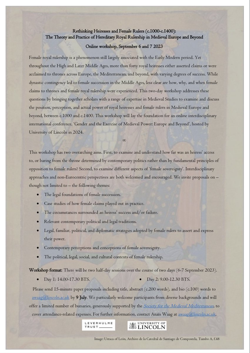#CfP! ‘Rethinking Heiresses and Female Rulers (c.1000-c.1400): The Theory and Practice of Hereditary Royal Rulership in Medieval Europe and Beyond’. An online, two-day workshop taking place 6-7 September 2023. Send me your proposals by 9 July!