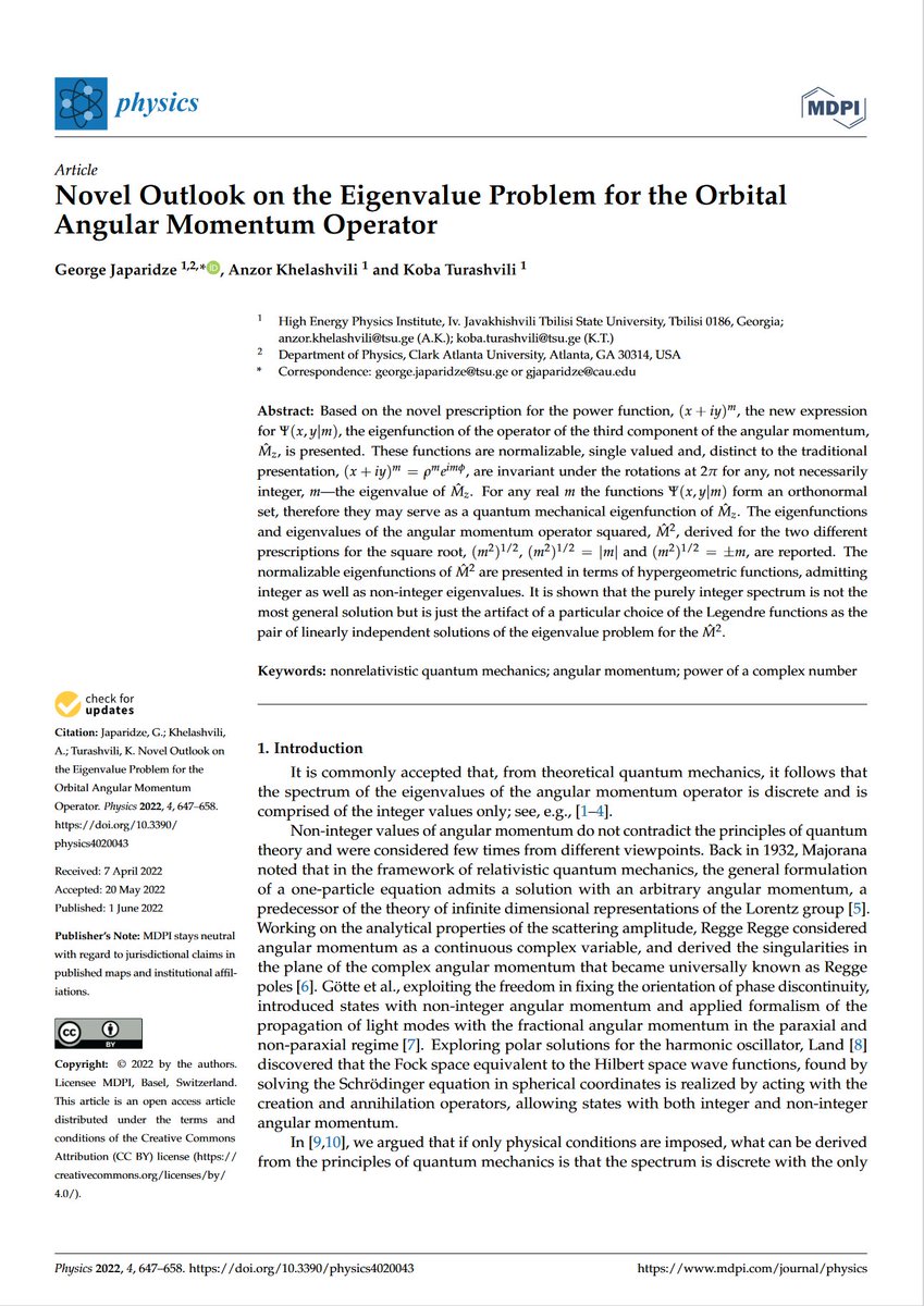 Article by @JaparidzeGeorge, et al | Novel Outlook on the Eigenvalue Problem for the Orbital Angular Momentum Operator mdpi.com/2624-8174/4/2/… @TbilisiU @CAU @MDPIOpenAccess #nonrelativistic #QuantumMechanics #AngularMomentum #physics #OpenAccess