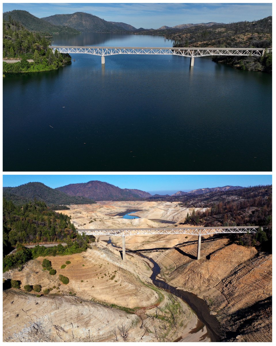Record snowfall in the Sierras and wild atmospheric rivers helped fill California's second largest reservoir Lake Oroville to 100% For the first time since 2019 and only the second time in 15 years, Top photo is from today. Bottom photo from July 2021 at 28% capacity.