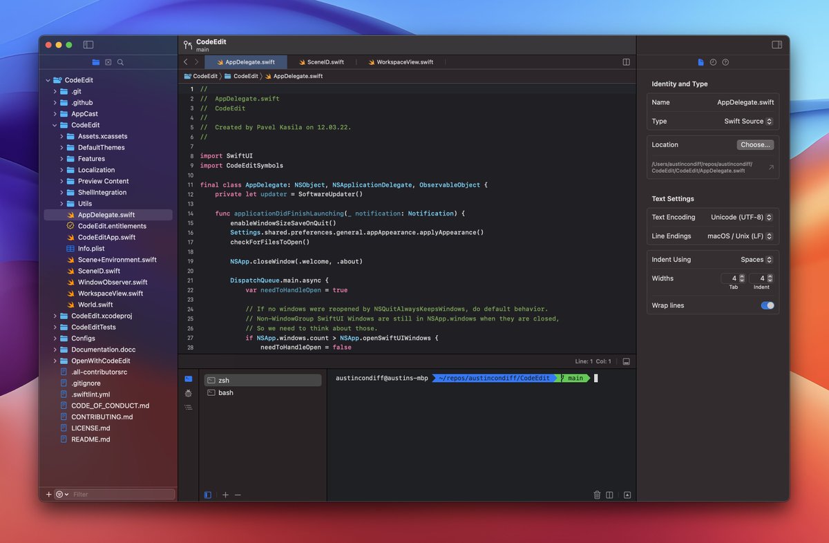 CodeEditApp's tweet photo. Today's release v0.0.3-alpha.35 includes: 
➡️ Ventura-style Settings
➡️ improved file inspector
➡️ debug area navigation
➡️ terminal tabs
➡️ bracket pair highlighting
➡️ beginnings of an extension API
Note: Our bundle ID changed so you may see a warning that indicates this. https://t.co/IBHQ7X3bgD