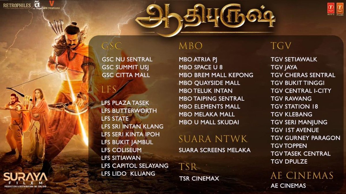 #Adipurush Updated Malaysia Cinema Listing is here. 
📽️ Now in cinemas beginning 16 June 2023!!! Check the theatres showtimes for Tamil, Hindi & Telugu versions  🍿🥤

Malaysia Release by Suraya Filem. 

@omraut @PrabhasRaju @kritisanon #SaifAliKhan @TSeries @RETROPHILES1