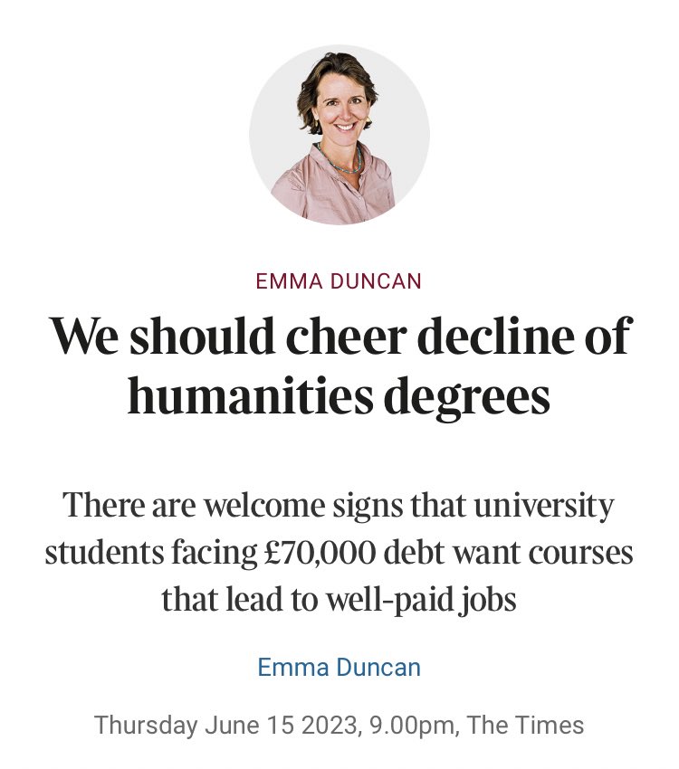 Fuck off. Kids who aren’t rich deserve to study art, literature, drama, history etc. We need them. 

The entertainment and media sector was worth £83 billion last year. It accounts for 3% of total jobs (the same percentage as financial services). 

Her argument is unserious.