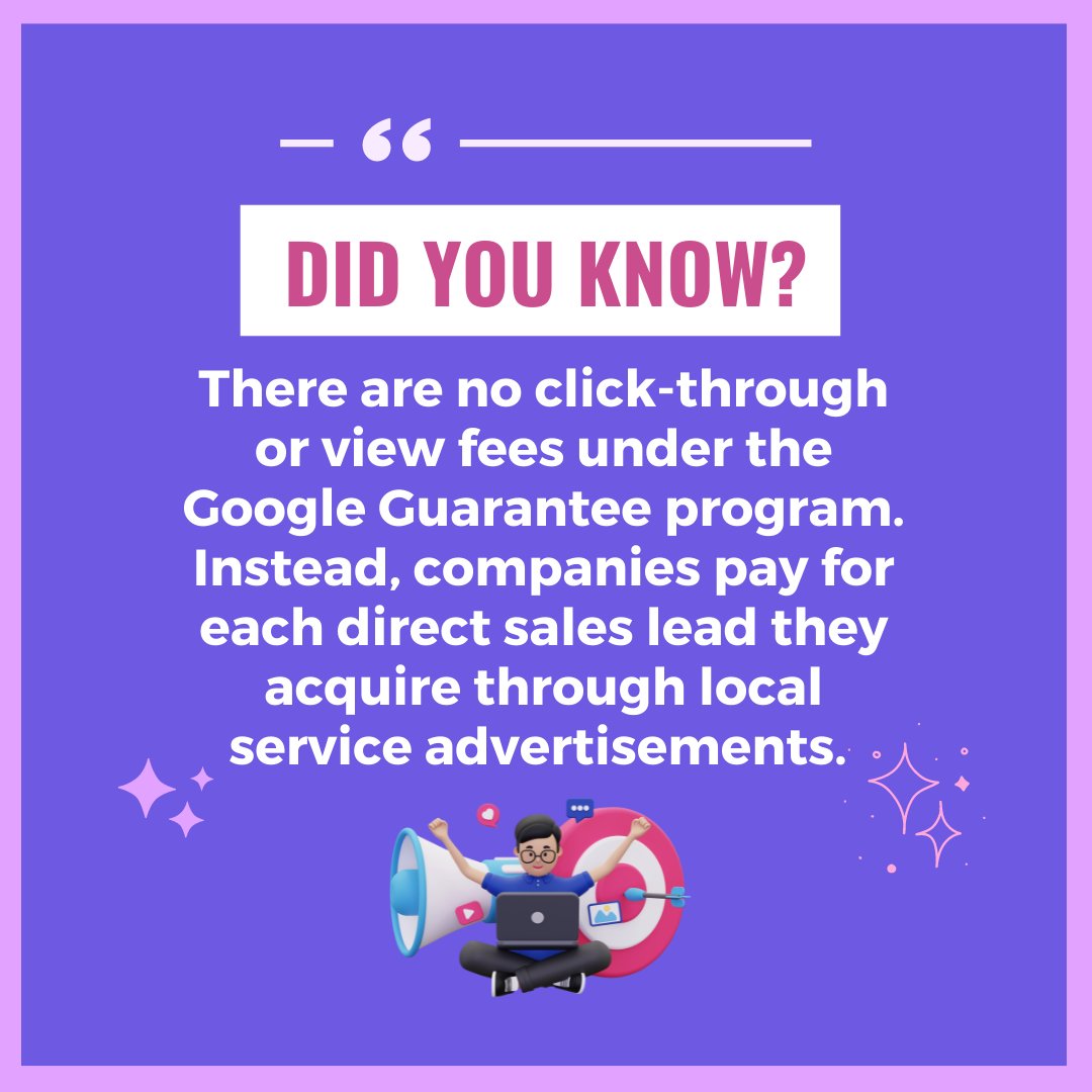 datamarkdigital's tweet image. 🌟💰 No click-through or view fees under the Google Guarantee Program! 

🚫💲 With this program, companies pay for each direct sales lead they acquire through local service advertisements. 

#SocialMedia #OnlineReviews #GoogleGuarantee #Marketing #DigitalMarketing
