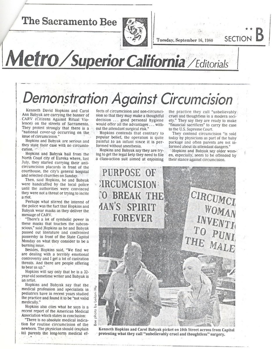 @JasonFairfield0 @adkisojk @OneWeirdHill @Natasha76800437 @mgm_survivor @NewYorkGuy6 @Brother_K_BSM & Carole Anne Babyak 'Citizens Against Ritual Violence CARV' @sacbee_news on Sept 16, 1980. They photocopied the article & hand-delivered it to @DHCS_CA in Sacramento that day, asking them to stop covering infant circumcision. They said they would look into it.