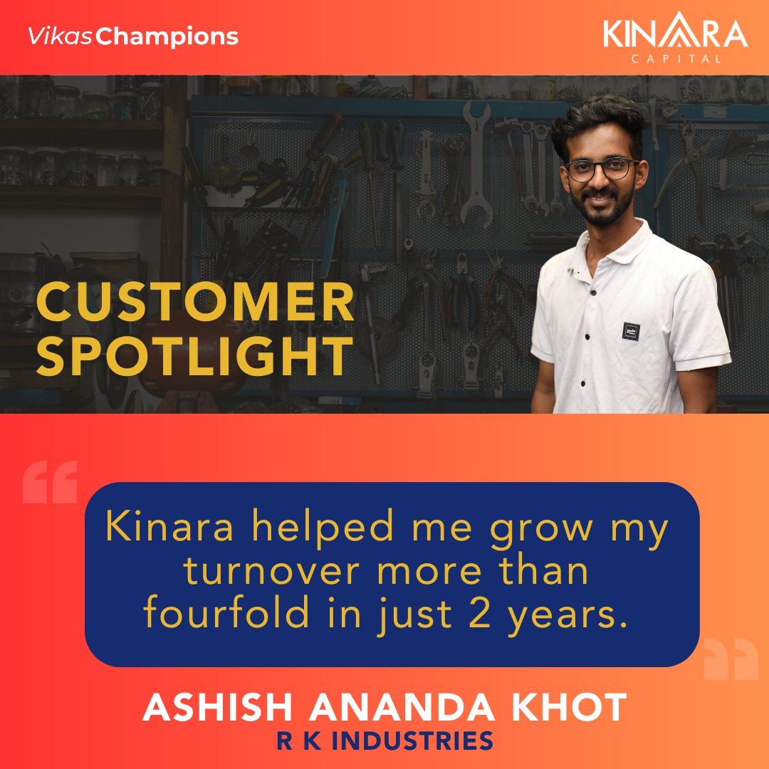 Our #VikasChampion this week features Ashish Ananda Khot from #Kolhapur, #Maharashtra, who shares, 'Kinara helped me grow my turnover more than fourfold in just 2 years.”

m.knra.io/MeetAshish

#KinaraCapital #FundingYourFuture #myKinaraApp #WeLoveOurCustomers #MSMEs #Growth