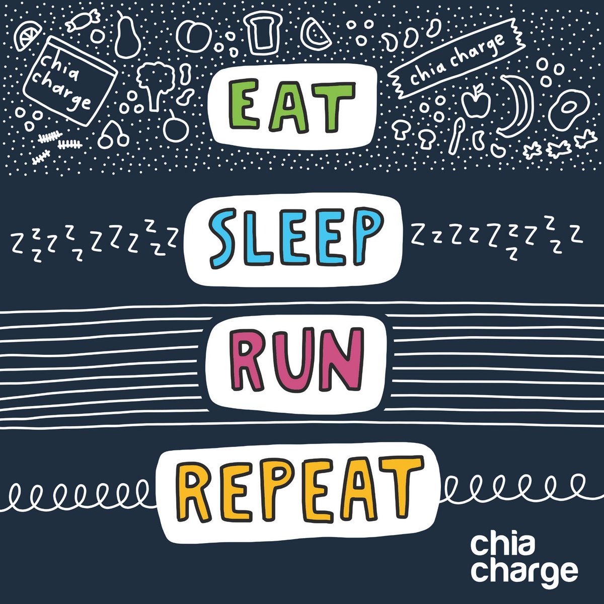 "Fuel your body with nutritious food, power down with a good night's rest, lace up and hit the pavement, and do it all over again! 
Repeat this cycle and watch as you transform into a running machine! #EatSleepRunRepeat #ChiaChargeFuel #NeverStopRunning"