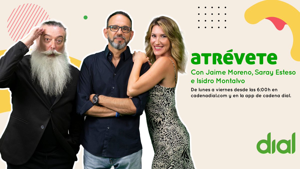 Atrévete (@atrevetedial) on Twitter photo 🤩 HOY TENEMOS VISITA 🤩
7:14H Zapping de <a href="/sebas_maspons/">TVMASPI</a>
7:32H <a href="/RaulMassana/">Raul Massana</a> defiende lo indefendible
8:50H 500€ con Héctor Pérez
9:15H <a href="/XusoJones/">Xuso Jones</a> en Atrévete ‼️
Escucha #AtréveteDial en <a href="/Cadena_Dial/">Cadena Dial España</a> en tu radio, TDT, App o:
📻 cdial.es/znvae 🤩 HOY TENEMOS VISITA 🤩
7:14H Zapping de <a href="/sebas_maspons/">TVMASPI</a>
7:32H <a href="/RaulMassana/">Raul Massana</a> defiende lo indefendible
8:50H 500€ con Héctor Pérez
9:15H <a href="/XusoJones/">Xuso Jones</a> en Atrévete ‼️
Escucha #AtréveteDial en <a href="/Cadena_Dial/">Cadena Dial España</a> en tu radio, TDT, App o:
📻 cdial.es/znvae
