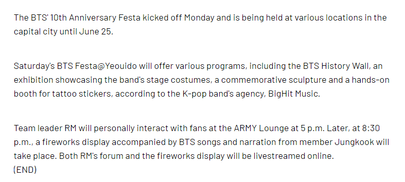The Seoul Metropolitan Police Commission said it is conducting safety checks at the @BTS_twt 10th anniversary Festa fireworks event in Yoido, expecting 300,000 people to attend.

- 374 signboards and banners around the event area
- 630 traffic police and management personnel