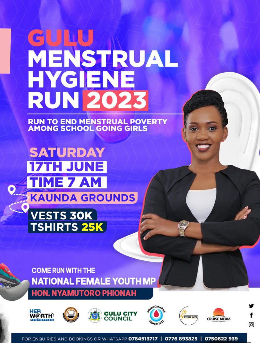 Today marks the last day ahead of the great #GuluMenstrualRun 🥳🤭.
We are excited as @Her_Worth_fndn  and can’t wait to see an army of Girl Child Enthusiasts running to end #MenstrualPoverty in Northern Uganda.
You still have a chance to buy your running vest at 30k💪🏾