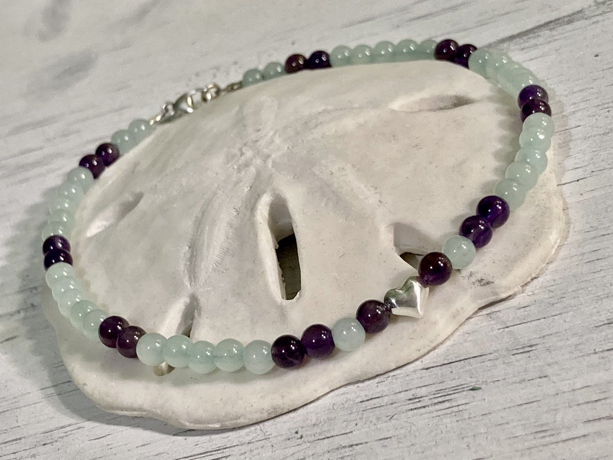 I’m going to be making some anklets for summer. This one is 9” made of amazonite and amethyst with a sterling silver heart and clasp. Available in my Etsy store 52customs.Etsy.com don’t see what you like? Ask me for a custom piece.