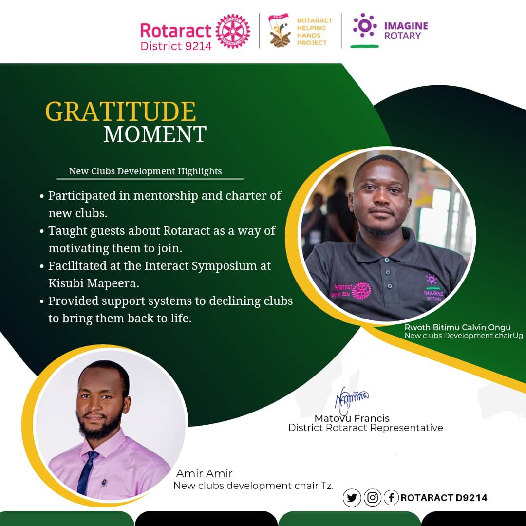 Gratitude moment 9
The ability to mentor, inspire and provide support to upcoming Rotaractors is very amazing.

Today <a href="/RotaractD9214/">Rotaract District 9214</a> we celebrate our <a href="/ca_rw_on/">C☕️ Rw 🥳n🇺🇬🇰🇪🇹🇿🇷🇼🇧🇮</a> and <a href="/Amirally149/">Amir Amir</a> for the efforts made towards support of new clubs. 
We formed 12 new Rotaract clubs.
#ImagineRotary
