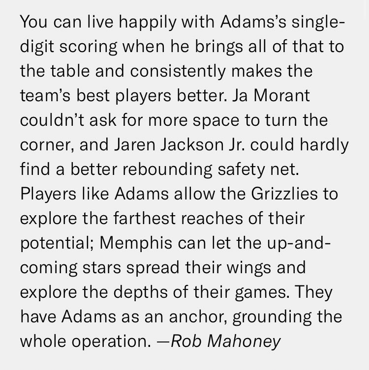 funakistats's tweet photo. Rob Mahoney’s take on Steven Adams’ fit with the Grizzlies is the most accurate thing I’ve read from a national media analyst in a long time🎯 https://t.co/Gon2JEv9rF