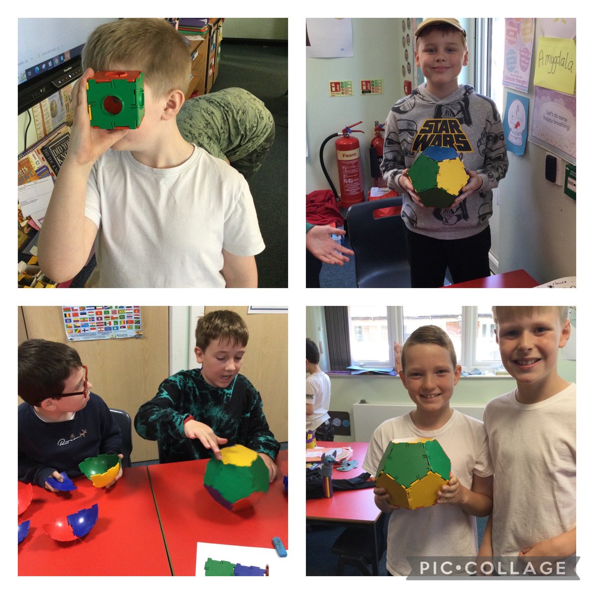 ParkViewPV's tweet photo. In Maths this week, 5D have been investigating nets of cubes and making 3D shapes like these dodecahedrons #PVMaths https://t.co/M25yfQcj6E