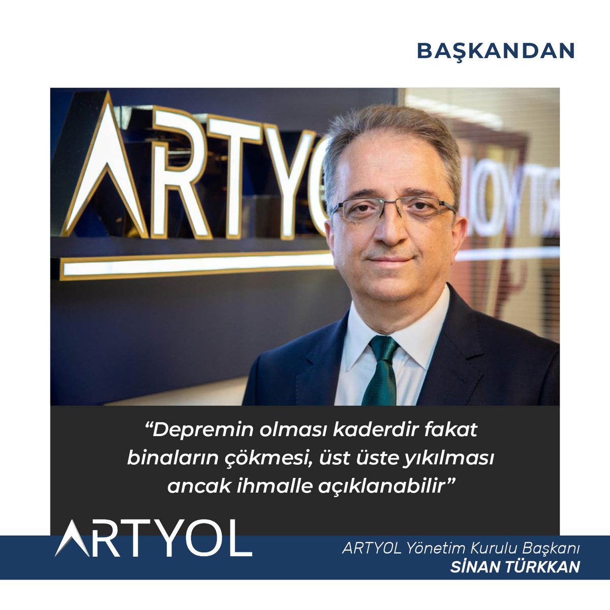 artyol_muh's tweet photo. ARTYOL Yönetim Kurulu Başkanı Sinan Türkkan: “Depremin olması kaderdir fakat binaların çökmesi, üst üste yıkılması ancak ihmalle açıklanabilir”

#sinantürkkan #artyol #deprem #güçlendirme https://t.co/OShxJX2Py9