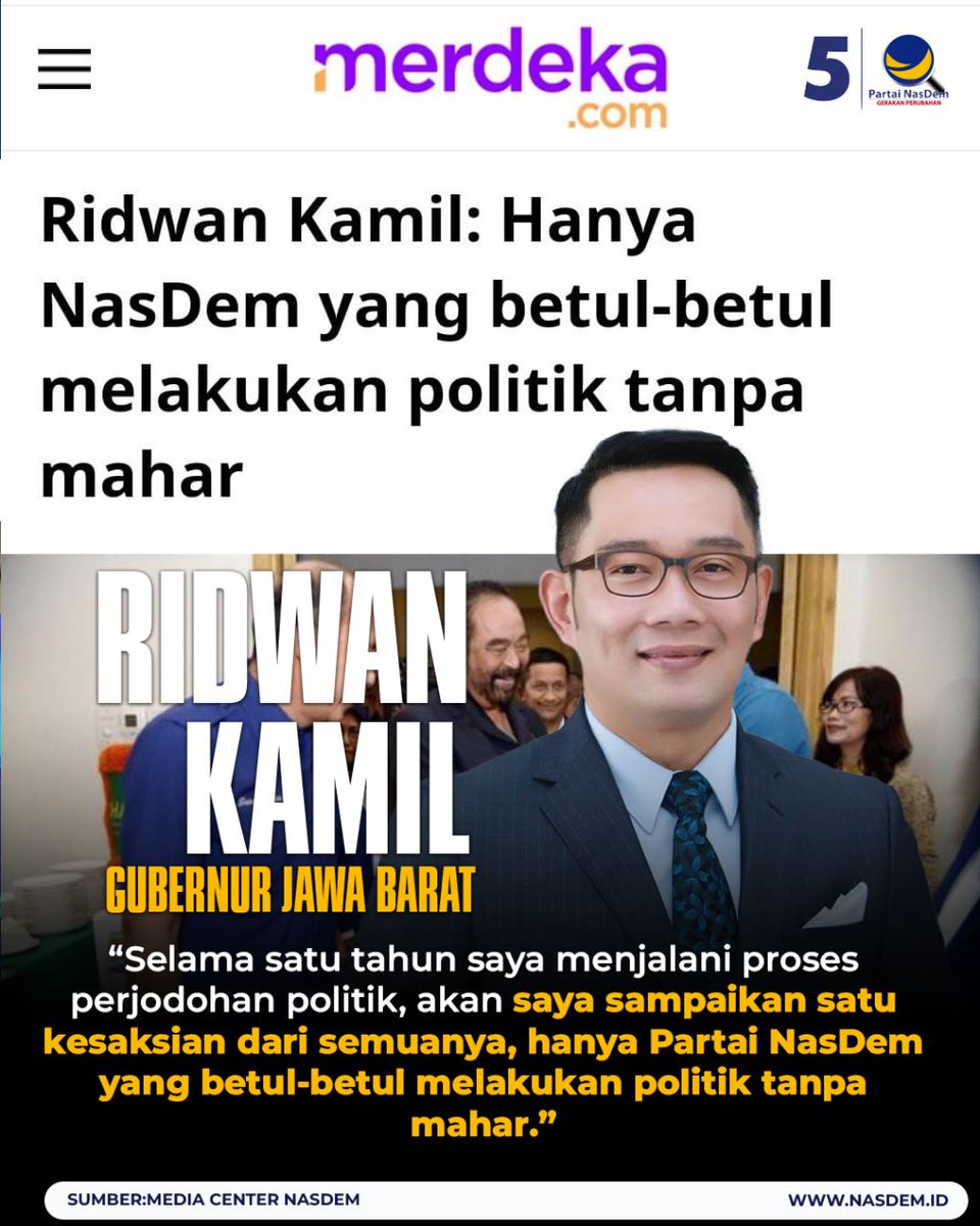 NasDem's tweet photo. Gubernur Jawa Barat, Ridwan Kamil merasakan sendiri bahwa Partai NasDem adalah partai yang berkomitmen melakukan #PolitikTanpaMahar.

#PartaiNasDem #GerakanPerubahan #RestorasiIndonesia #NasDemAntiMahar https://t.co/LkG4ofwKXM