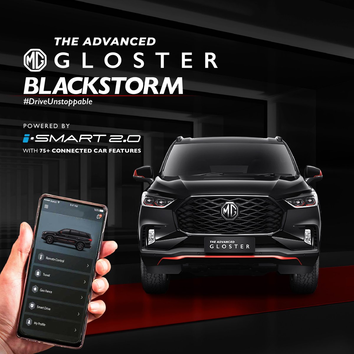 The #AdvancedGloster #BlackStorm is powered by i-SMART 2.0 – a network of intuitive, intelligent, & futuristic technology with 75+ connected features. These cumulatively take the Gloster’s technological benchmarks a notch higher.
#DriveUnstoppable #AdvancedGloster #MGMotor  #SUV
