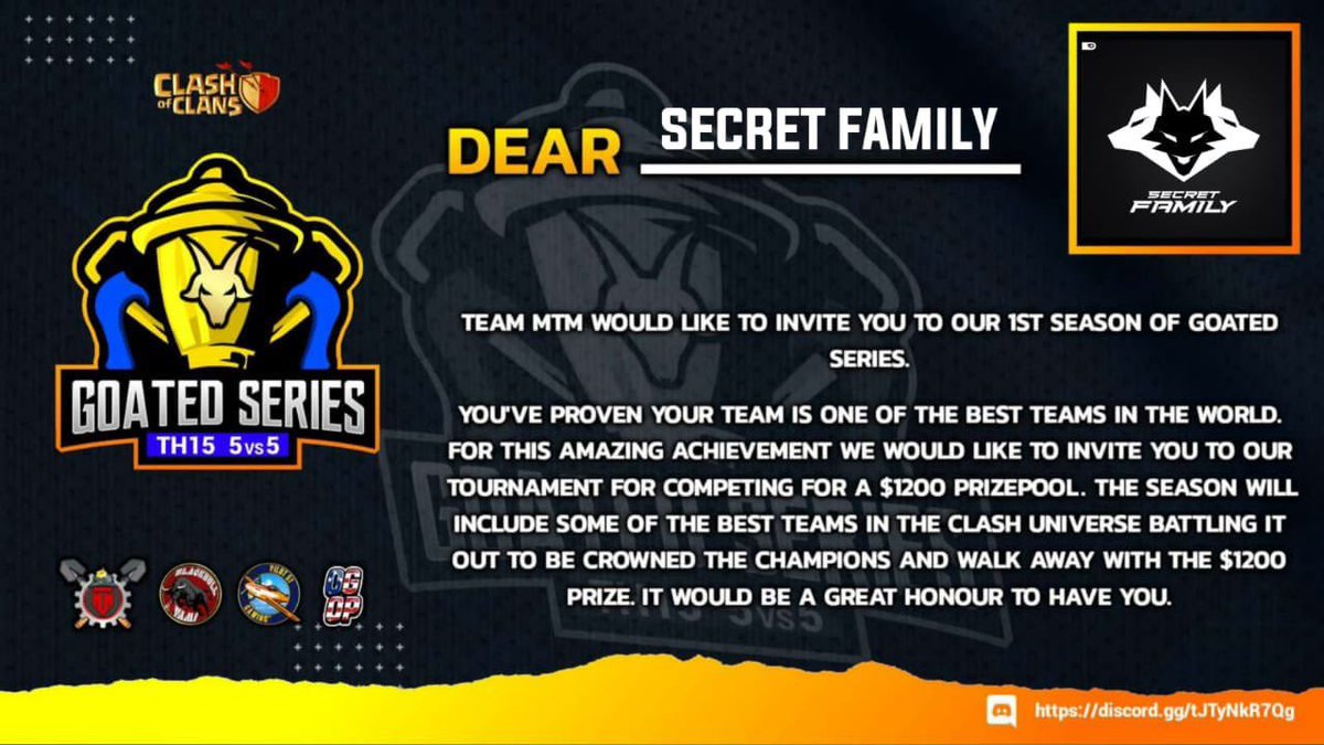 Secret Family Oficial (@secretfamilyop) on Twitter photo Thank you for the invitation to the <a href="/mtm_series/">MTM GOATED SERIES</a> tournament! Our team is thrilled to show our skills and compete in this epic event! 💥
⚔️ The team is ready ⚔️
#GoatedSeries #ClashOfClans #NEVSF Thank you for the invitation to the <a href="/mtm_series/">MTM GOATED SERIES</a> tournament! Our team is thrilled to show our skills and compete in this epic event! 💥
⚔️ The team is ready ⚔️
#GoatedSeries #ClashOfClans #NEVSF