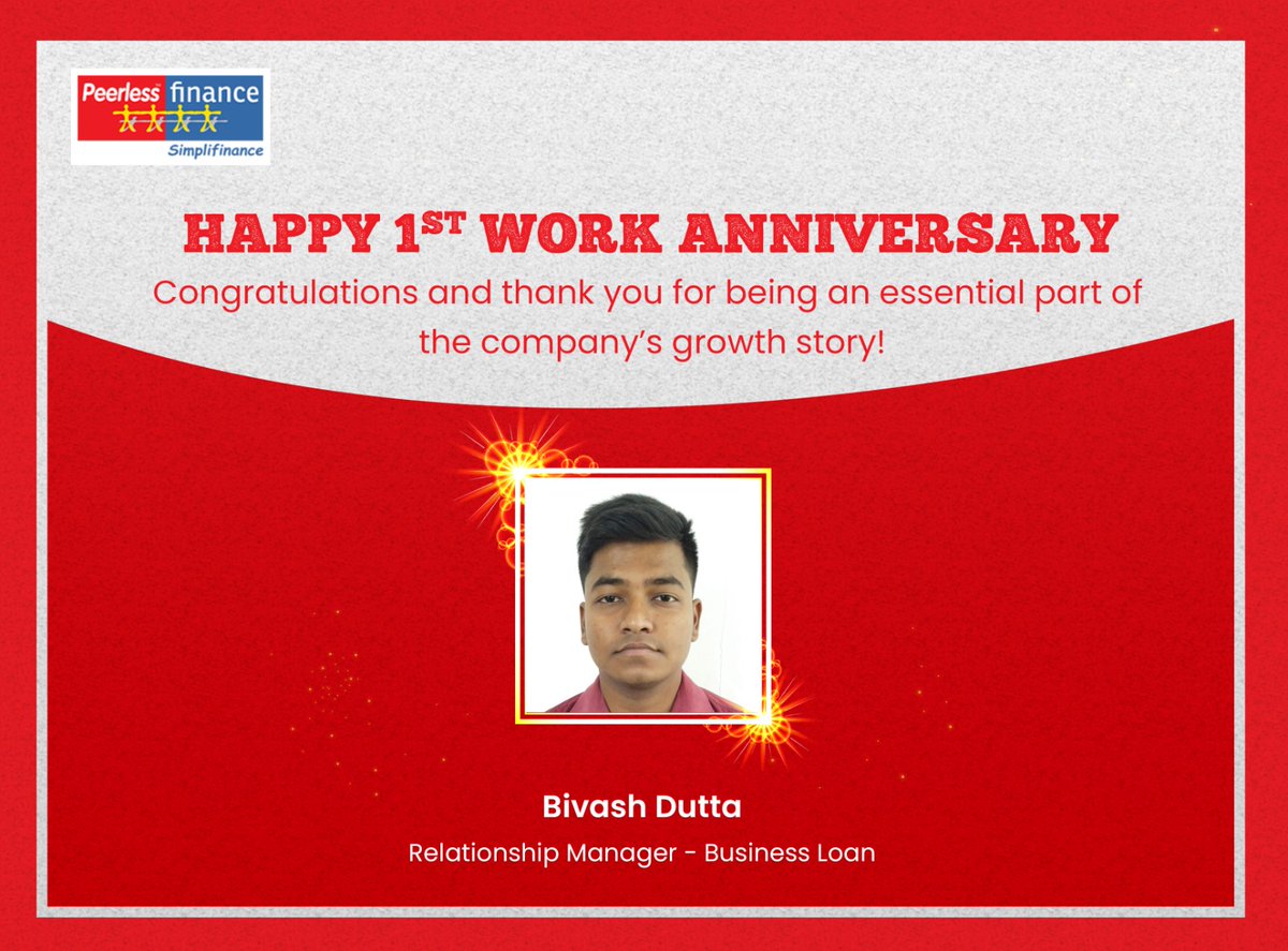 PeerlessFinance's tweet photo. "Cheers to your incredible journey at Peerless Finance. Congratulations on your work anniversary!"

#PeerlessFinancialServicesLimited #WorkAnniversary #CorporateAnniversary #success #value #gratitude #efforts #proud #trust https://t.co/l25N1i3ItP