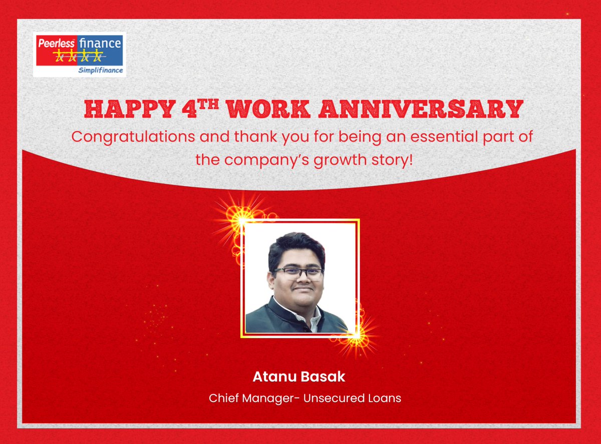 PeerlessFinance's tweet photo. "Cheers to your incredible journey at Peerless Finance. Congratulations on your work anniversary!"

#PeerlessFinancialServicesLimited #WorkAnniversary #CorporateAnniversary #success #value #gratitude #efforts #proud #trust https://t.co/LO6ephC62f