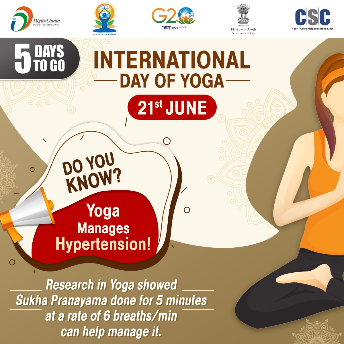 Only 5️⃣ Days to go for the big celebration of #IDY2023.

"#Yoga is key to a healthy mind, body, and lifestyle!"

Let's make 'Har Aangan Yoga' a reality...

#CSCPeYoga #MyYogaMyPose #InternationalDayofYoga2023 #CSC #HarAnganYoga #InternationalYogaDay #YogaDay