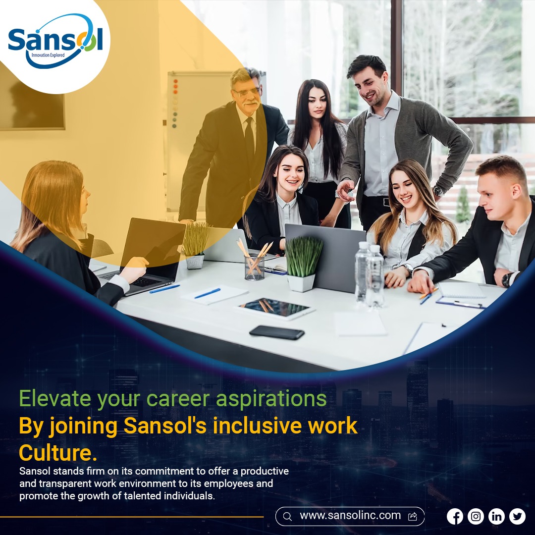 Elevate your career aspirations by joining Sansol's inclusive work culture..
.
sansolinc.com
.
#Sansol #CareerAspirations #InclusiveWorkCulture #ProductiveEnvironment  #TransparentWorkplace #EmployeeGrowth #TalentDevelopment #WorkplaceDiversity