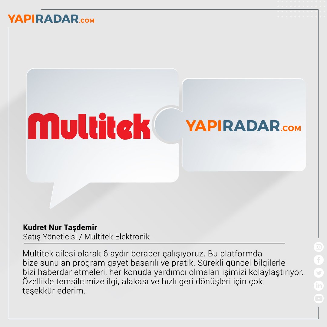 Kudret Hanım'a güzel yorumu için teşekkür eder, Multitek Elektronik'e başarılar ve bol kazançlar dileriz. @multitek_elektronik

#yapiradar #devamedeninşaatlar #tedarikcininenbuyukdestegi #birliktedahagucluyuz #multitek #yerliteknoloji