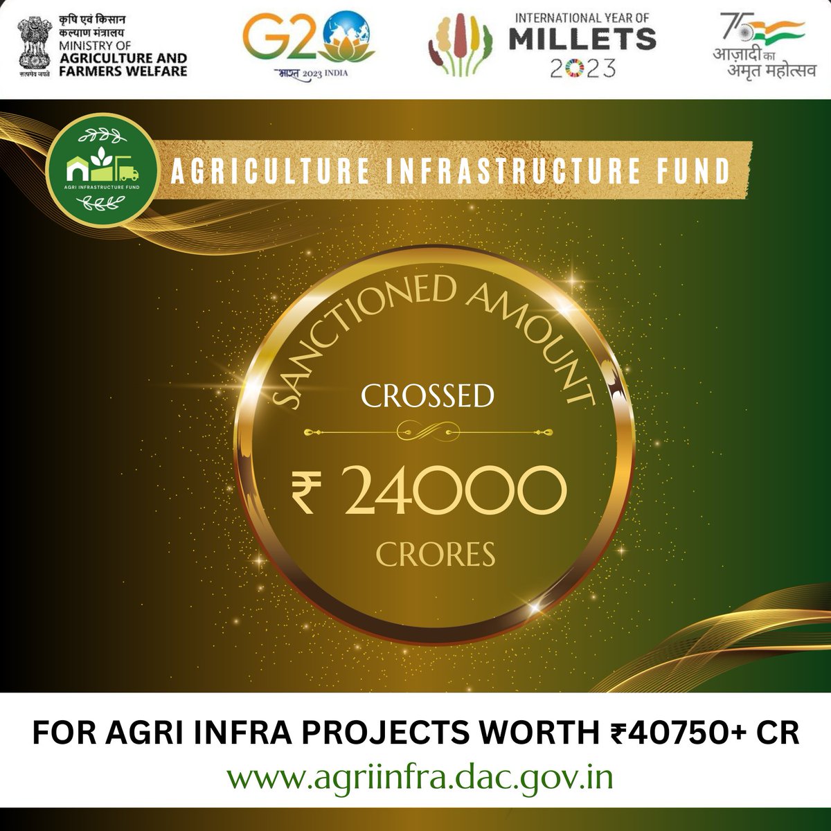 AgriInfraFund's tweet photo. It has been an incredible 24-karat milestone moment for @AgriInfraFund - the sanctioned amount has surpassed ₹ 24000 crores for #agri #infra projects worth ₹ 40750+ crores. Many more to go.
#achievement #success #infrastructureprojects #milestoneachievement #24k #extendinghands #innovationinagriculture #postharvest #aif #projects #agriinfrafund #indianagriculture #postharvest #agriculture #mygovindia #g20india #trendingnow #india
@AgriGoI @PIBAgriculture @g20org