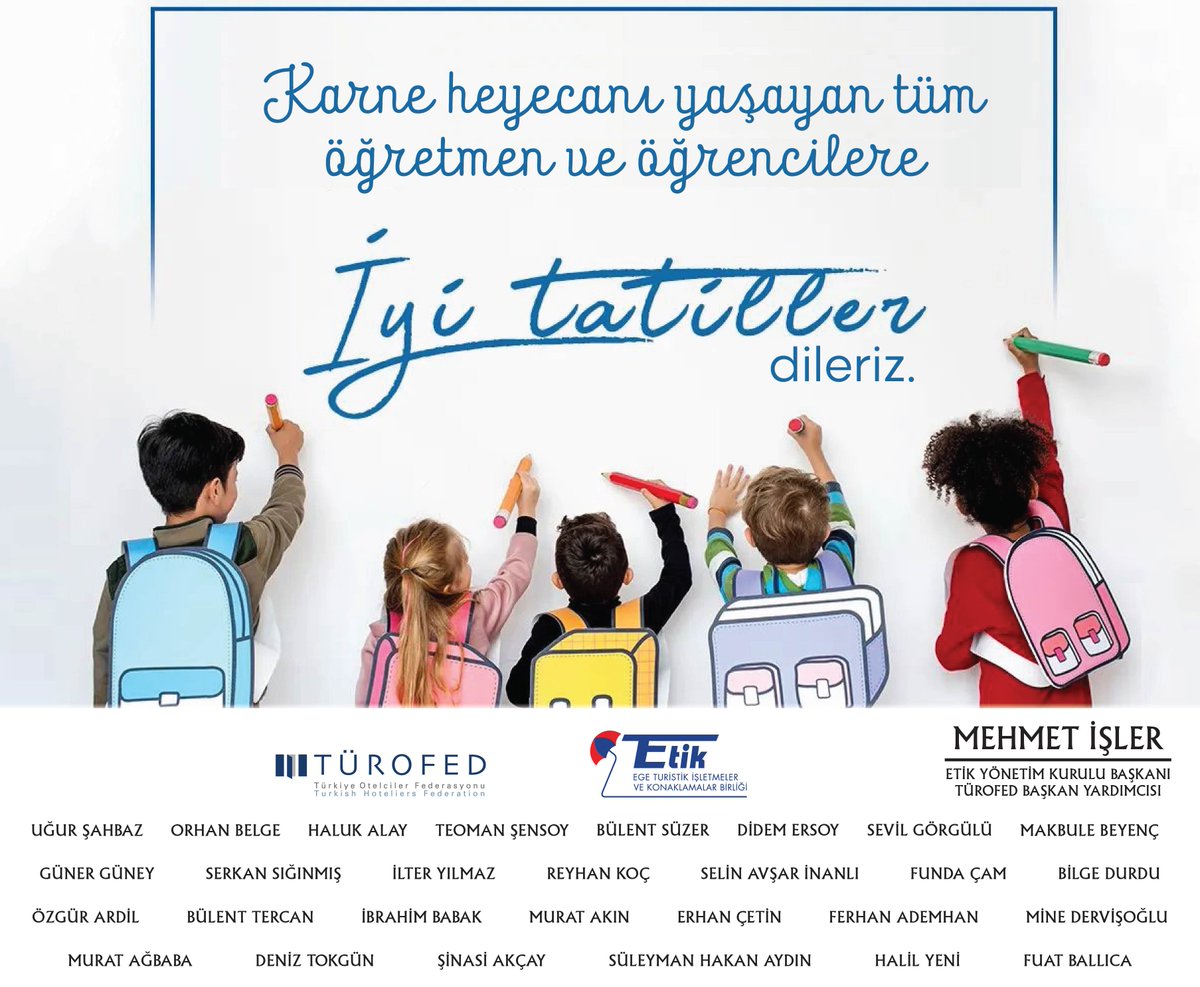 İzmir'i keşfettiğiniz ve unutulmaz anılar biriktirdiğiniz keyifli bir yaz tatili olması dileğiyle... #iyitatiller dileriz.

#etik_izmir #turofed #mehmetişler #agiajans #egeturizm #Turizm #Seyahat #tatil #türkiyeotelleri #i̇zmir #hotellife #hotels #hotelier #karnegünü #karne