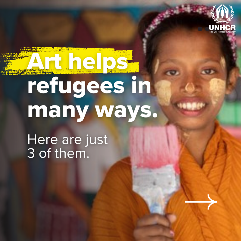 UNHCRAsia's tweet photo. Self-expression 
Mental health and well-being 
Cultural preservation 
Social inclusion 
Livelihoods 

These are just a few benefits that art offers as a tool for building resilience and protection in displaced communities. 
Join us as we stand #WithRefugees https://t.co/9B7cBwQEes