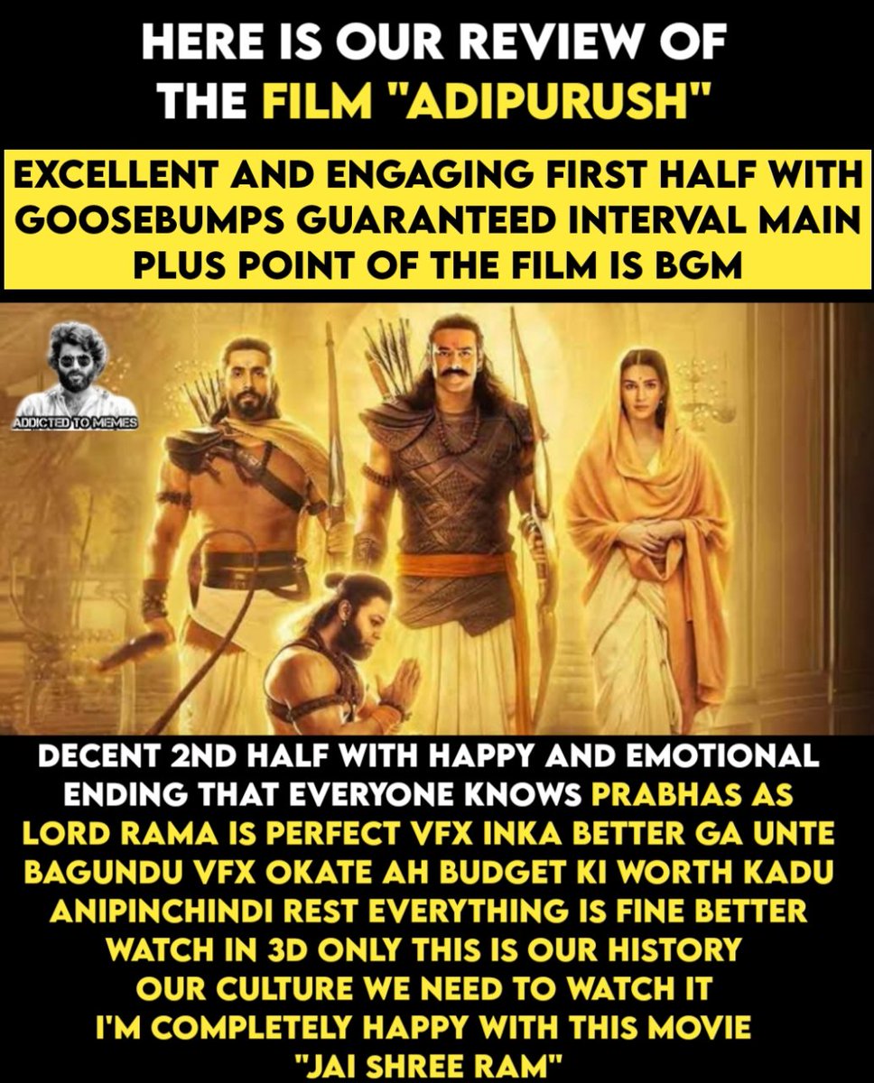 Loved it ❤🤩

#AdipurushReview #AdipurushTickets #AdipurushOnJune16 #AdipurushReview #Prabhas𓃵 #AdipurushBookings