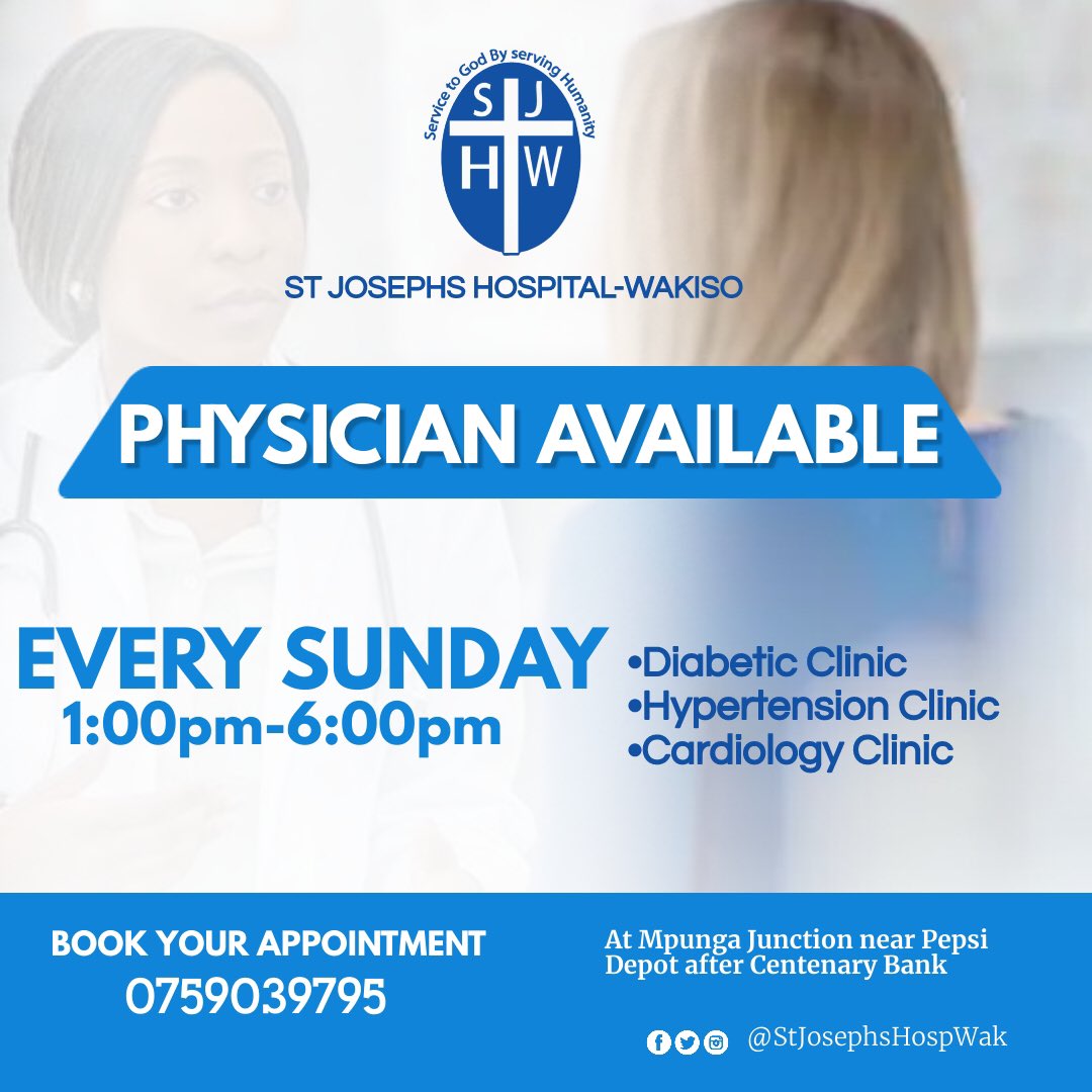 StJosephHospWak's tweet photo. PHYSICIAN AVAILABLE 📌
Visit the Physician every Sunday from 1pm-6pm for the best services.
•Diabetic Clinic
•Hypertension Clinic 
•Cardiology clinic

Book your appointment now☎️📲 0759039795. https://t.co/f2NvM6Eaki