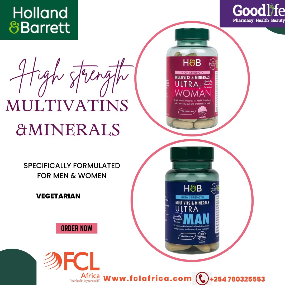 FCLAFRICA1's tweet photo. All the 21 essential nutrients are now in one tablet of H&amp;B Ultra woman and Ultra man MultiVitamins. Get yours from any Goodlife store near you.
📥 sales@fclafrica.com 
📞 +254 742303763 

#Wellness #Nutrition #yourhealthisyourwealth#wellbeing https://t.co/DFs1MRln8o