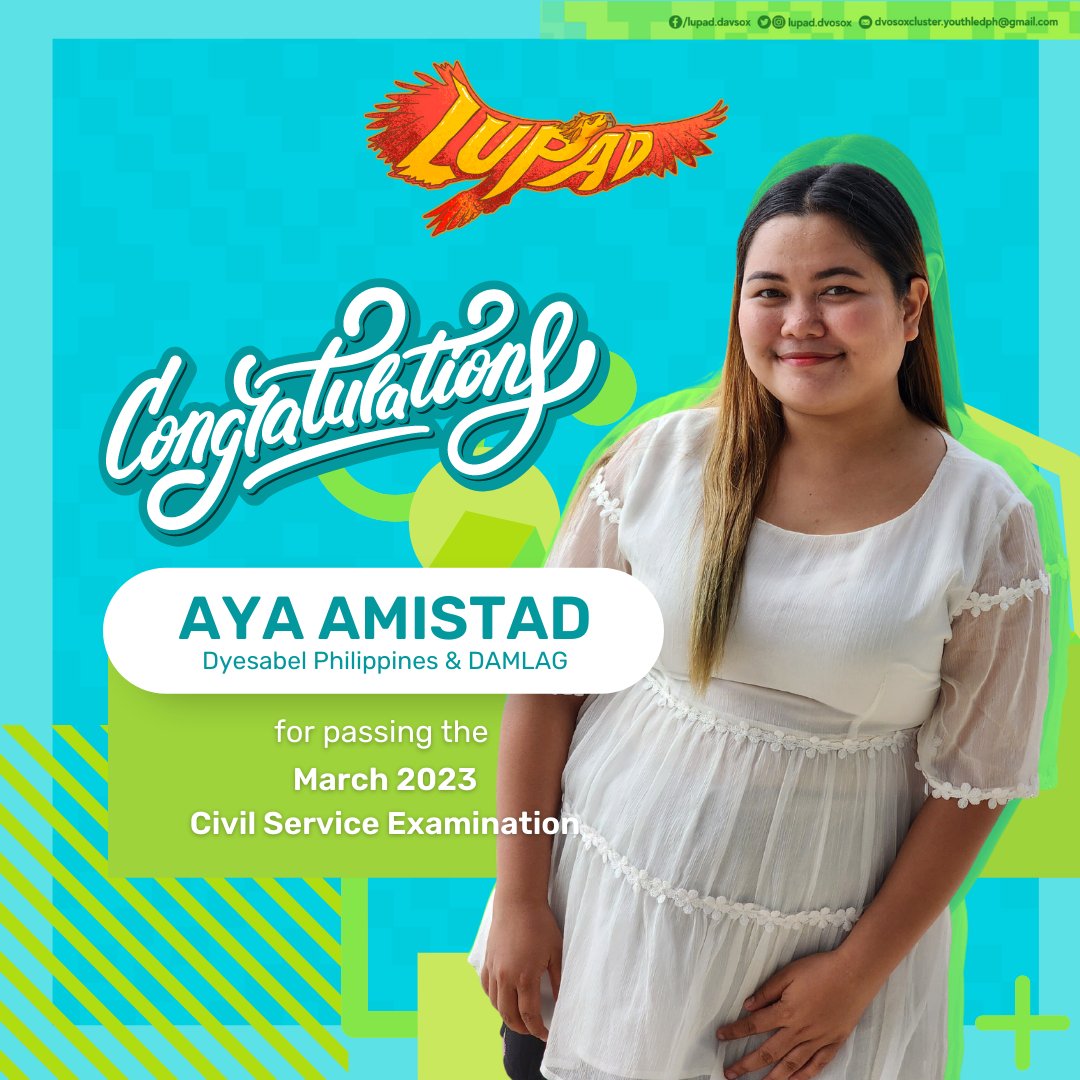 lupad_davsox's tweet photo. Congratulations to the newly-minted civil service passer, Aya Amistad! 🎉 We wish you the best of luck in your future endeavors! 🦅 #CivilServiceSuccess #CSEPasser2023 #LUPAD2023 #LupadDAVSOX #YouthLedPH https://t.co/59JKXMRcSi