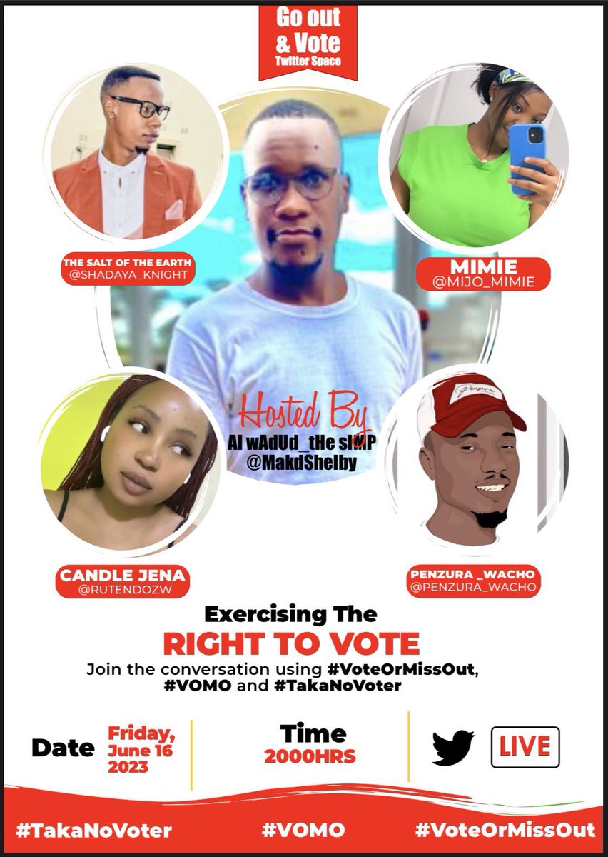 ITS ALL HAPPENING TODAY!!! Maspace MANYAMA at 2000hrs we will discussing about Exercising the RIGHT TO VOTE! Don’t miss out this! Tell someone to tell someone 

Kindly Retweet & Comment with a Hashtag #RightToVote #TakaNoVoter #VoteOrMissOut #VOMO