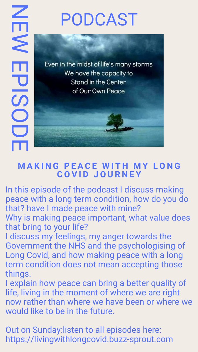 This week’s podcast; can you make peace with life changing chronic illness? Let me know your thoughts: out Sunday, listen to this and all episodes here: 
livingwithlongcovid.buzzsprout.com
#longcovid #pots #MECFS #chronicillness #lifechanging #MakingPeace #Peace #onedayatatime #bekind