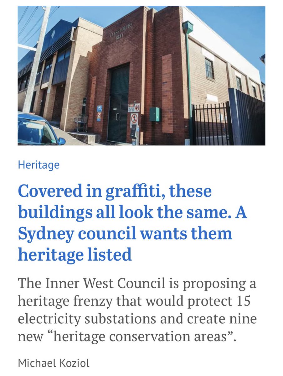 Inner West Council is proposing a heritage frenzy that would protect 15 electricity substations and create nine new “heritage conservation areas”.

#nswpol #auspol