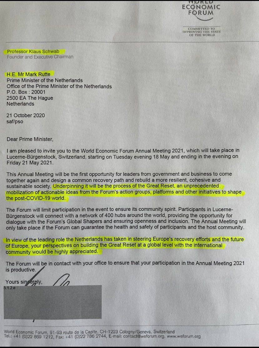 This letter from Klaus Schwab to Rutte has just been made public, it is the first letter that proves that Klaus Schwab controls governments... Letter outlines Great Reset plans and commends Mark Rutte for obedience to World Economic Forum