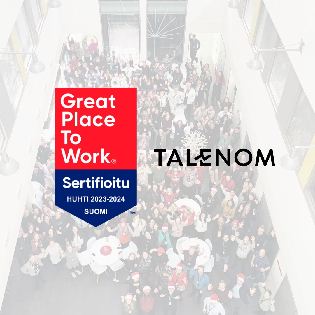 Talenom's tweet photo. Talenom on Great Place to Work -sertifioitu! Henkilöstömme on kulmakivemme ja haluamme lämpimästi kiittää jokaista Taleomilaista tästä saavutuksesta.
#Talenom #TryYourWings #GPTWCertified #GPTWsertifioitu #GreatPlacetoWork @GPTWSuomi https://t.co/ZRSjdmFEGl