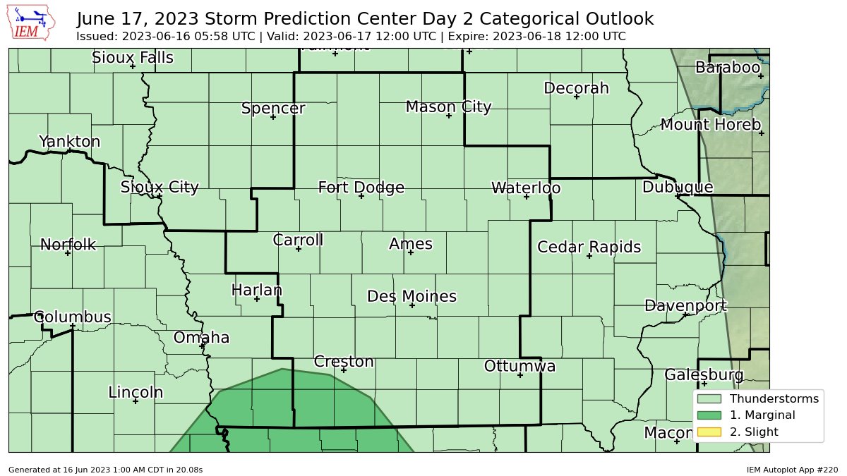 SPC issues Day 2 Marginal Convective Risk at Jun 16, 5:58z for DMX spc.noaa.gov/products/outlo…