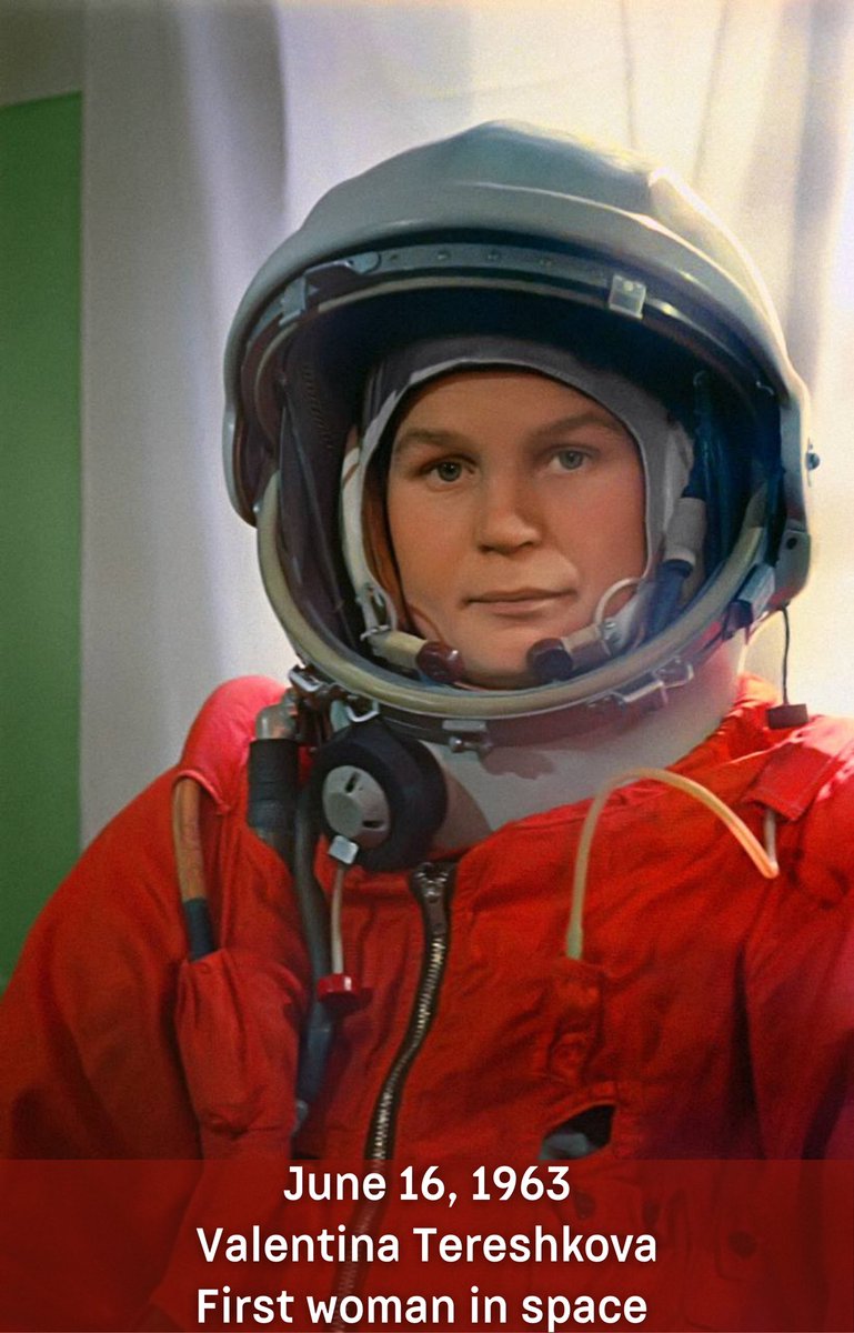 👩‍🚀 On June 16, 1963 the world's first female cosmonaut Valentina Tereshkova was launched from Baikonur Cosmodrome aboard «Vostok 6» spacecraft

⏲️ Flight lasted 2 days 22 hours 40 minutes 48 seconds

🚀 At the same time «Vostok 5», piloted by Valery Bykovsky, was also in space