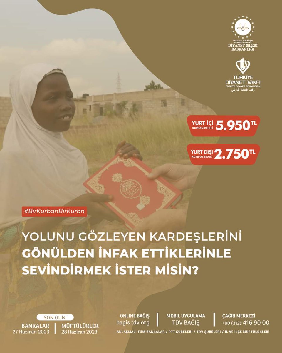 BaskilMuftulugu's tweet photo. Yolunu gözleyen kardeşlerini gönülden infak ettiklerinle sevindirmek ister misin?

#BirKurbanBirKuran

Kurban bağışlarınızı, https://t.co/vxLQCRjQJ7 adresinden, mobil bağış uygulamamızdan, Banka/PTT şubelerinden ve Müftülüklerden yapabilirsiniz. https://t.co/dL1zBX6QZN