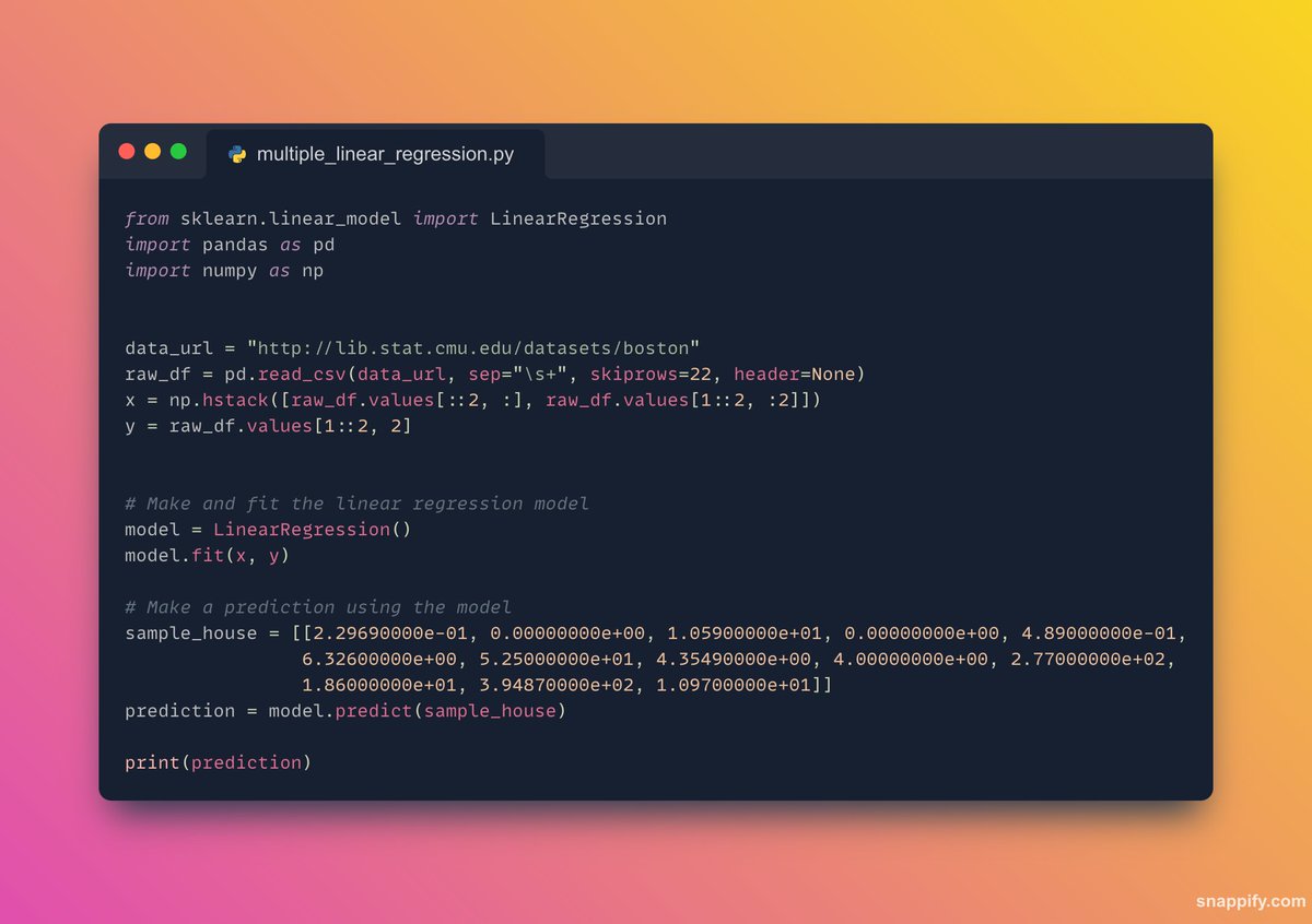 DopeJourney's tweet photo. Just had a magical encounter with Multiple Linear Regression! 🧙‍♂️✨ Used the power of sklearn to fit a model on the Boston Housing dataset. Now, it's time to make predictions like a wizard! 🔮✨ Check out this snippet 👇 #DataScience #MachineLearning https://t.co/KNsC5ZOBJQ
