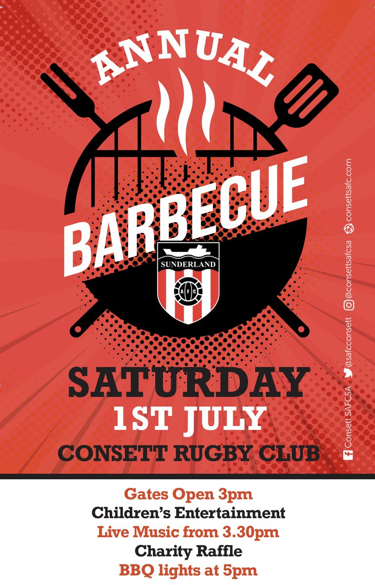 It's the Annual Family Barbecue on Saturday 1st July. Tickets available from info@consettsafc.com. Adults £8 Children £5. We've 3 live music acts, children's entertainment and lots of food and drinks! #safc #bbq #summer