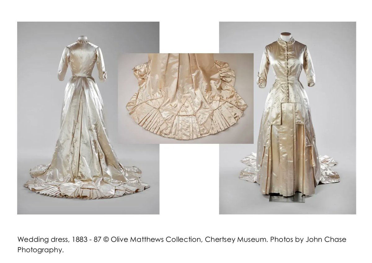 ChertseyMuseum's tweet photo. #FridayFrocks - This satin #WeddingDress c.1883-87, was made by a βMrs Stephens of Almorah Road, Islingtonβ. A bustle and corset were needed to achieve the correct silhouette. #SpringBride #VictorianFashion Photos @Johnchasephoto https://t.co/gYaODHWry7