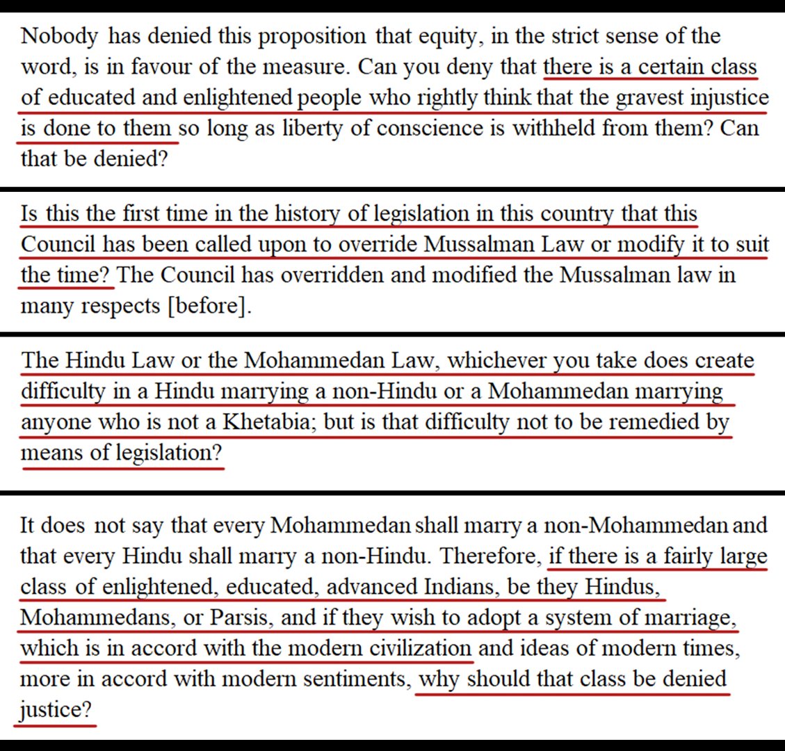 Quaid-i-Azam says that current Muslim & Hindu laws prevent enlightened ppl from interfaith marriages & should change. After backlash, he reminds that all Hindus won't marry Muslims & vice versa but if someone wants to then the state shouldn't interfere. 

-Special Marriage Bill.