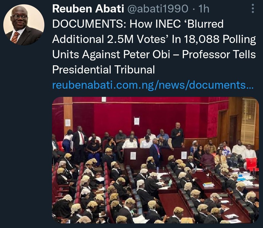 ecamadin's tweet photo. INEC seems to be working harder than Tinubu/APC at the tribunal. Aren't they the umpires of the election?🤔

I'm convinced beyond reasonable doubt that PO of the LP won the Feb25 election as conducted by INEC.

I'm still awaiting the court to prove me wrong! #peterobi #Tinubu https://t.co/0Kqx1brdhj