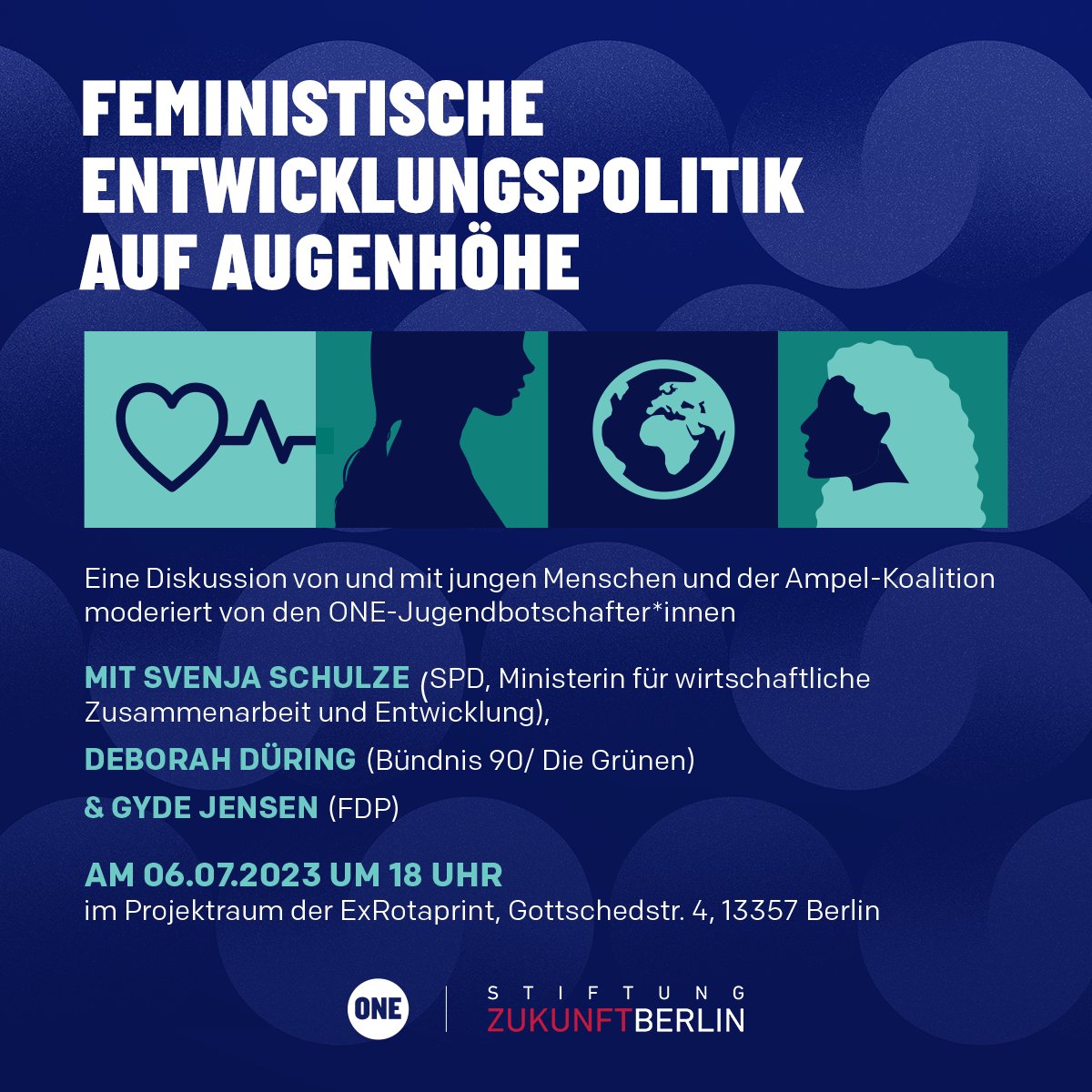 Unsere #ONEActivists wollen Feministische Entwicklungspolitik auf Augenhöre bringen! Dazu laden sie dich am 06.07.2023 zu einer Diskussion mit <a href="/SvenjaSchulze68/">Svenja Schulze</a>, @DeborahDuering und <a href="/GydeJ/">Gyde Jensen</a> ein. 🚦

Verbindlich anmelden kannst du dich hier 👉act.one.org/survey/teilnah…