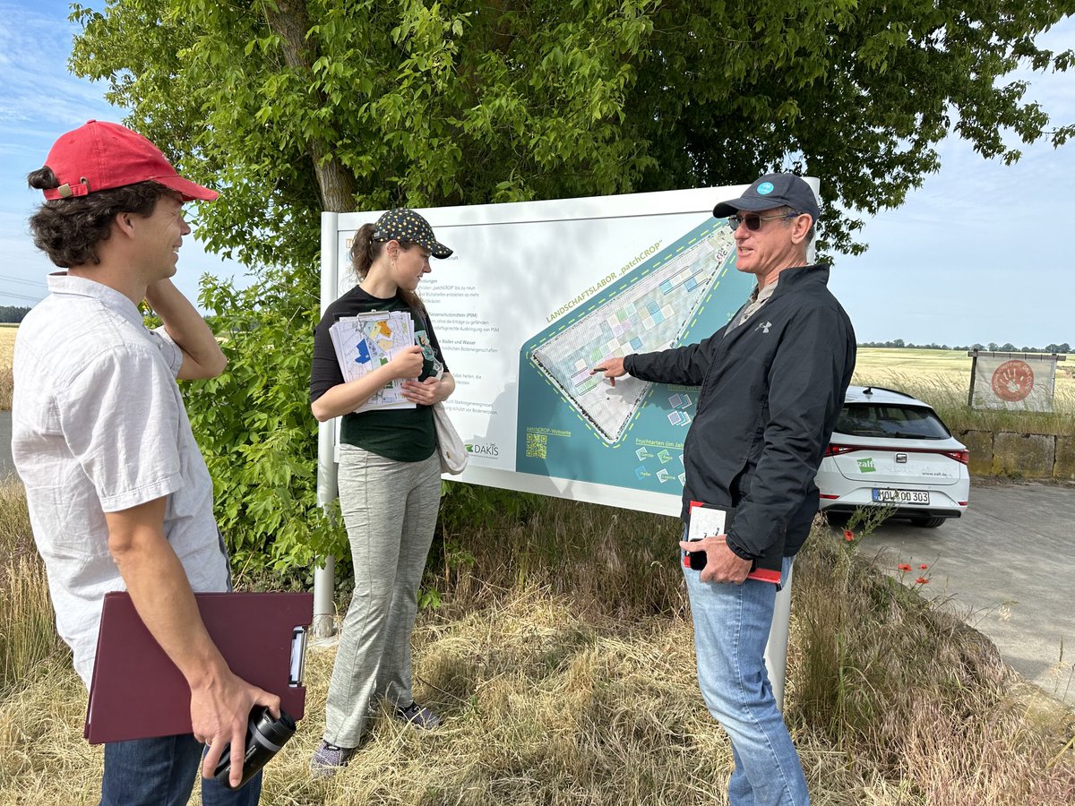 Dr Jeremy Whish discussing the design and operations of the large patchCROP experiment at ZALF in Germany with Dr Moritz Reckling and Dr Kathrin Grahmann.  Large field plots of different systems arranged across the landscape according to soil type and compared with nearby fields.
