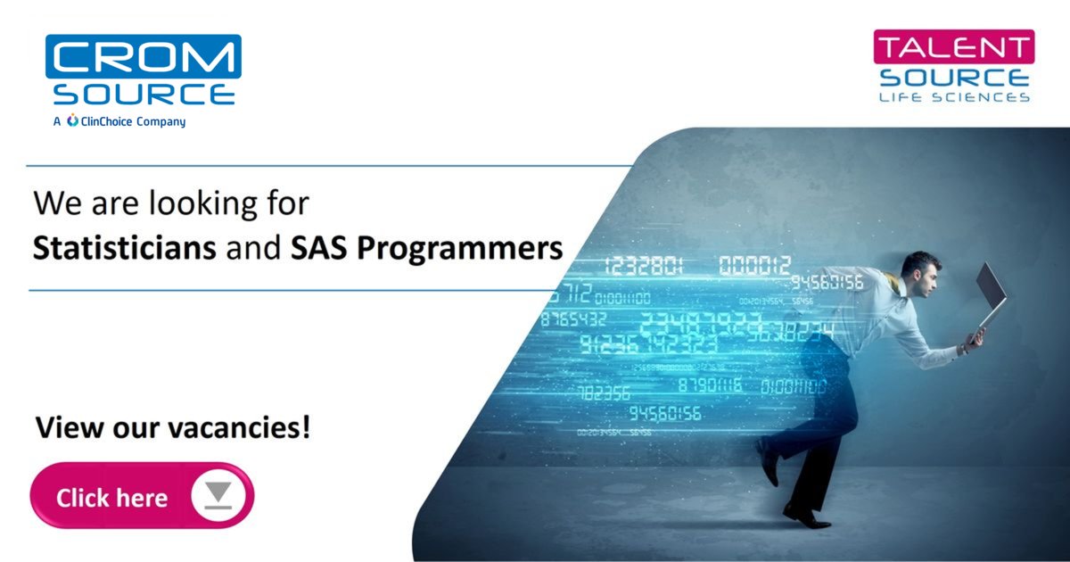 TalentSourceLS's tweet image. CROMSOURCE is continuing to expand our Biometrics team and we are looking for the perfect Statisticians and SAS Programmers to help influence this growth in our key hubs! View our vacancies:
lnkd.in/dMPFFFH
#statistics #sasprogramming #jobs #clinicalresearch