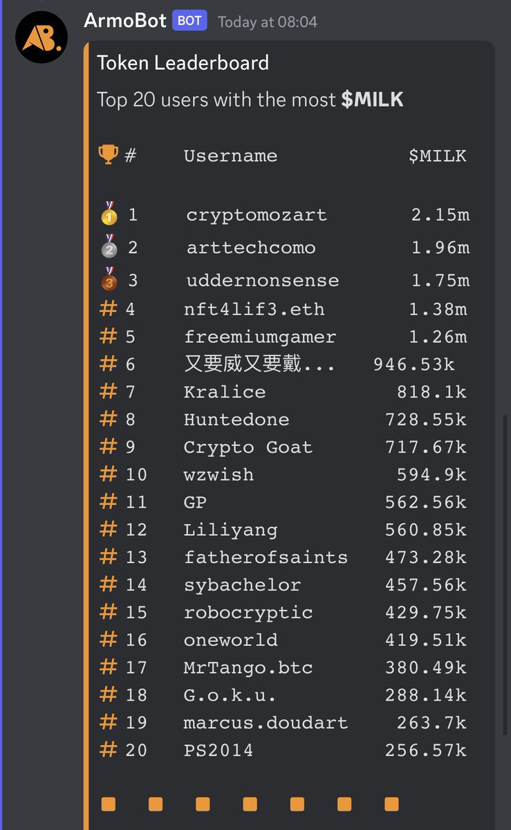mxt_eth's tweet photo. Are you on the ArmoBot Leaderboard earning $MILK?

ArmoBot is our latest build in Web3 and is exclusively available on the @MoonieMooIO Discord Server, https://t.co/0aya7y3dyD. 

Full Web3 rollout coming soon! #ArmoBot https://t.co/vJ8bMgeYkC